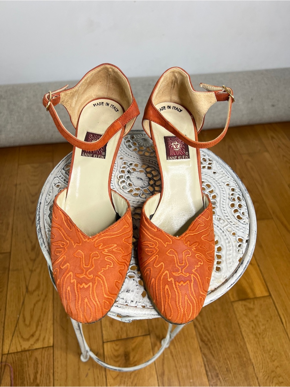Anne Klein Orange Embroidered Ankle-Strap Mules